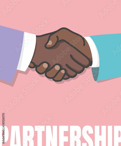 Partnership. Strong handshake. Vector hands on a pink background