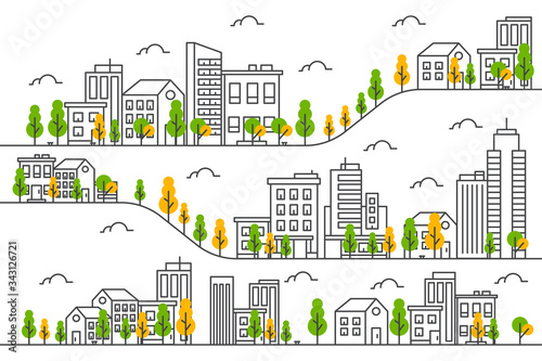 City and tree illustrations in thin line styles