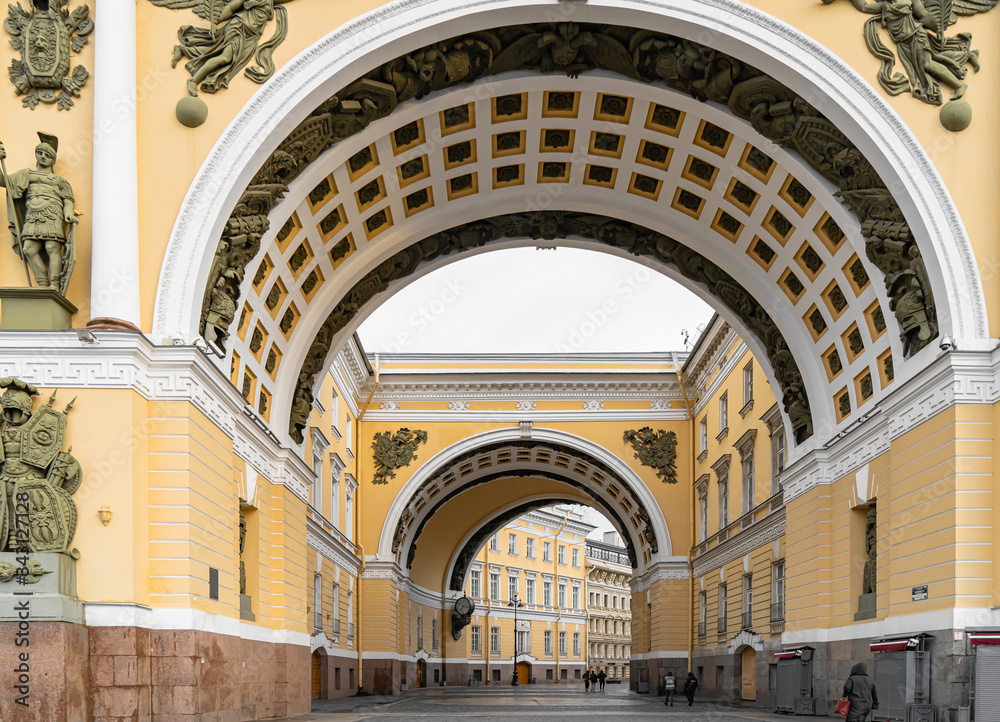 Russia, Saint Petersburg, April-19,2020: Arch of the General Staff in Saint Petersburg on Palace square.