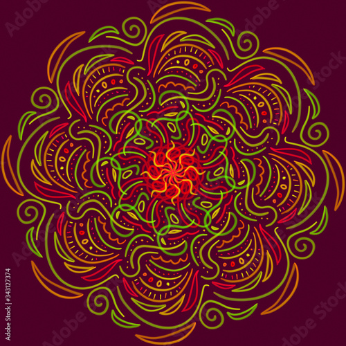 mandala orange red green yellow circle pattern ornament (ID: 343127374)