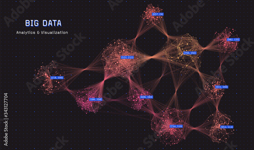 Cluster map diagram. Abstract big data visualization. Cluster analysis. Social media graph. Distributed computing network. Futuristic concept.