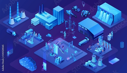 Industrial internet of things infographic illustration, blue neon concept with factory, electric power station, cloud 3d isometric icon, smart logistic  transport system, mining machines