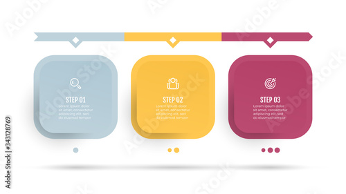 Business infographics. Timeline with 3 steps, label and squares. Can be used for process diagram, presentations, workflow layout, banner, web design.