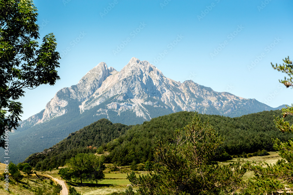 Pedraforca mountain seen from the village of Gisclareny, Bergada, Barcelona, Spain.
