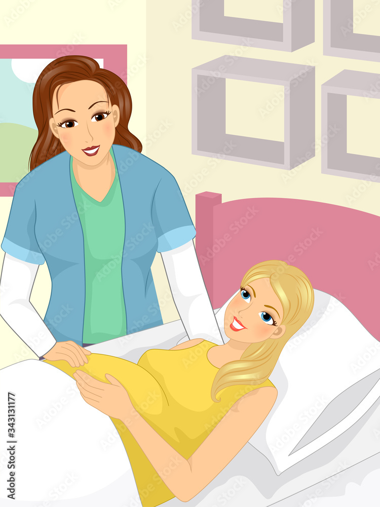 Girl Home Birth Midwife Illustration Girl Home Birth Midwife Illustration