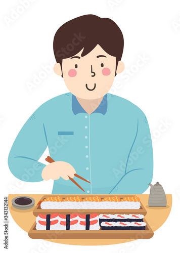 Man Eat Sushi Chopsticks Il...