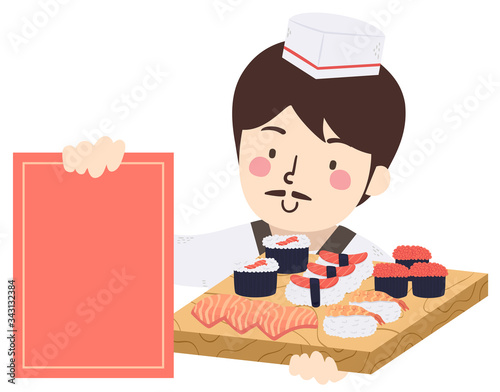 Man Hold Sushi Board Illust...