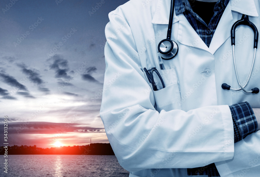 Abstract sad dramatic picture with sunset over the lake and resuscitation doctors (death, loss, coronavirus - concept)