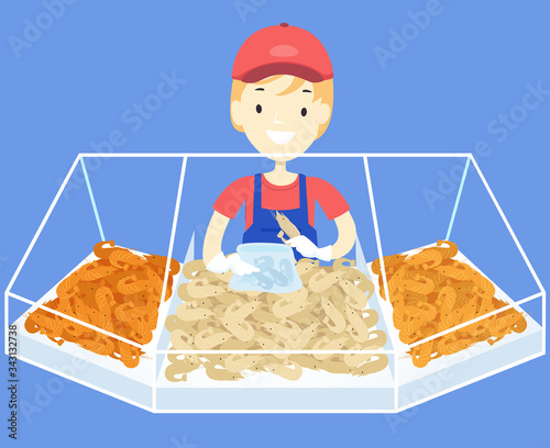 Man Sell Shrimp Market Illu...