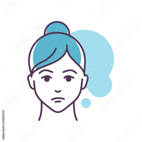 Human feeling helplessness line color icon. Face of a young girl depicting emotion sketch element. Cute character on blue background. Outline vector illustration.