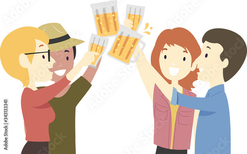 People Man Girl Friends Cheers Beer Illustration