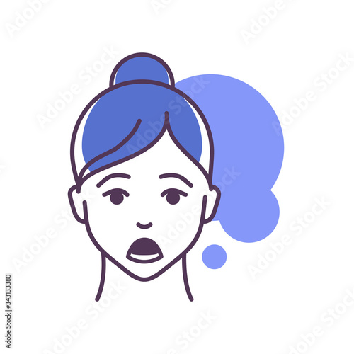 Human feeling horror line color icon. Face of a young girl depicting emotion sketch element. Cute character on blue background. Outline vector illustration.