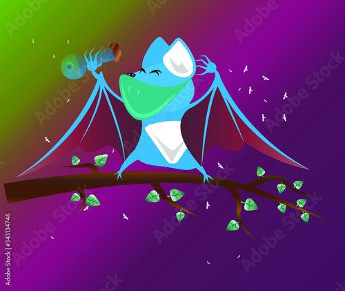 A virologist alchemist bat has invented the coronavirus and holding a flask in its hand. Gradient background.