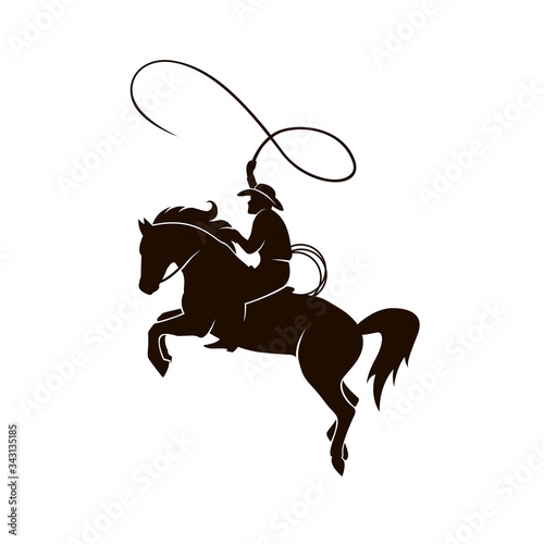 cowboy silhouette with lasso on horse icon isolated on white background for western