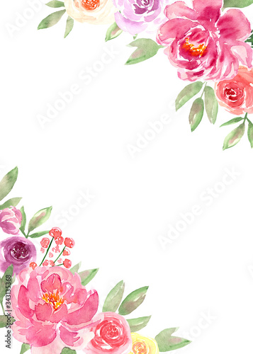 Watercolor loose style pink flower and green leaves frame. Modern trendy template for invitation, wedding, greeting card design. Poster with peony, rose