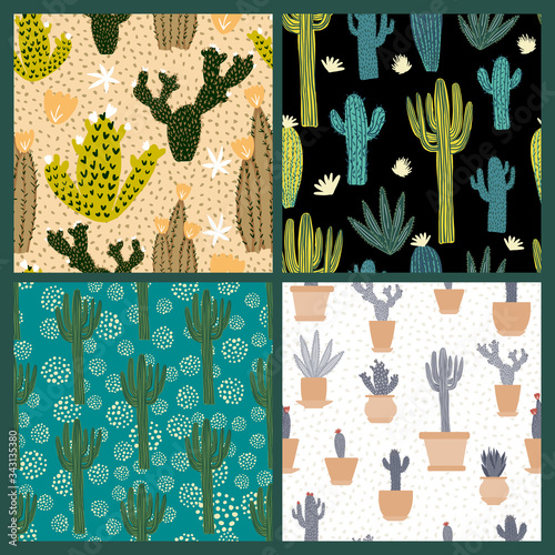 Set of cute cactus seamless pattern. Collection cacti exotic sketch wallpaper.