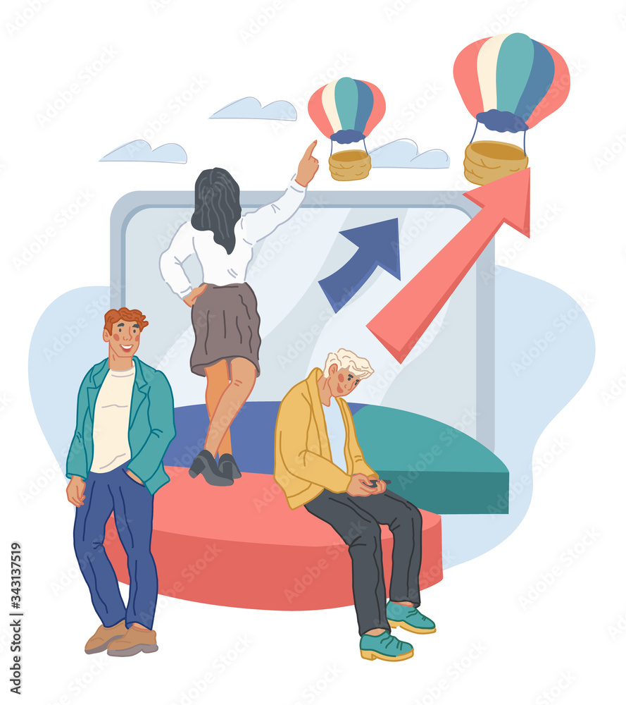 Startup and new business development, project launching. Creative team at diagrams and computer screen background. Teamwork brainstorming and cooperation. Flat vector illustration.