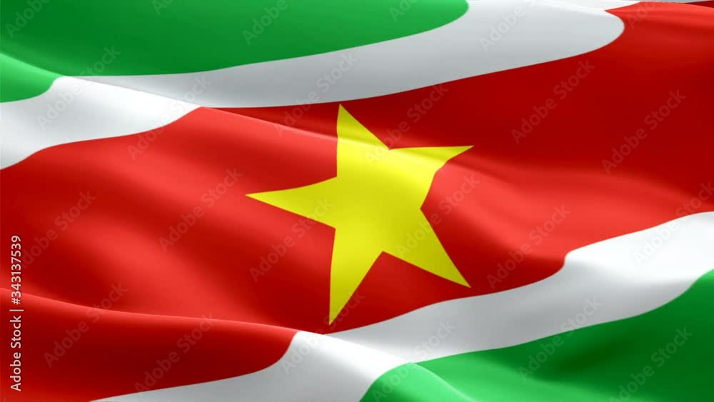 Suriname flag Motion Loop video waving in wind. Realistic Surinam Flag background. Suriname Flag Looping Closeup 1080p Full HD 1920X1080 footage. Suriname South America country flags footage video for Suriname flag Motion Loop video waving in wind. Realistic Surinam Flag background. Suriname Flag Looping Closeup 1080p Full HD 1920X1080 footage. Suriname South America country flags footage video for