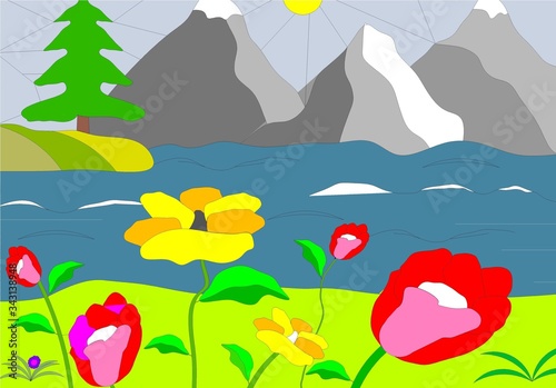  Summer landscape mountains, river, flowers