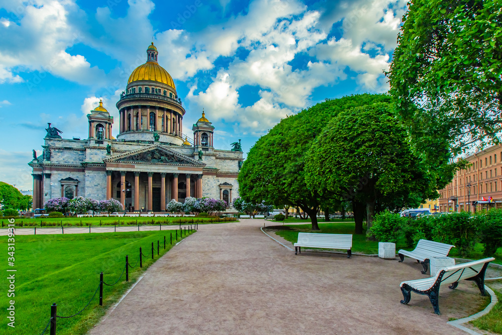 Saint Petersburg. Russia. St. Isaac's Cathedral. Isakievskaya square on the background of blue sky. St. Isaac's Cathedral on a summer day. Excursions to the sights of St. Petersburg. Cities of Russia