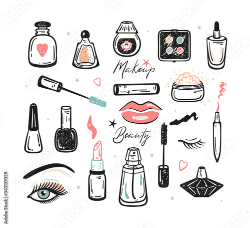 Makeup Set. Cosmetics Collection. Hand Drawn Doodle Cosmetic Products. Beauty and Fashion Items Vector illustration
