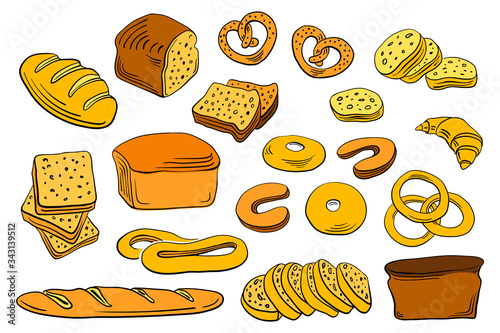 Wheat, whole-grain and rye bread, pretzel, bagel, toasts, croissant. Loafs and slices. Set of bread in sketchy style isolated on white background. Doodle hand drawn bread. Vector illustration