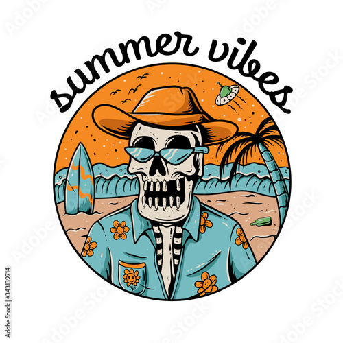 summer vibes skeleton illustration. Skull wearing hawaiian shirt 