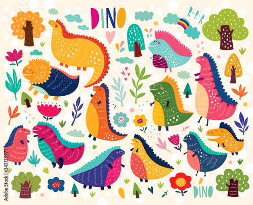 Vector Colorful collection of funny Dinosaurs with trees  flowers   rainbow and leaves