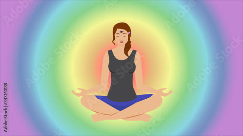 Woman with third third eye concentrating, thinking, meditating. Making smart decision, finding solution, . Human energy chakra system, meditation. Femininity, women power