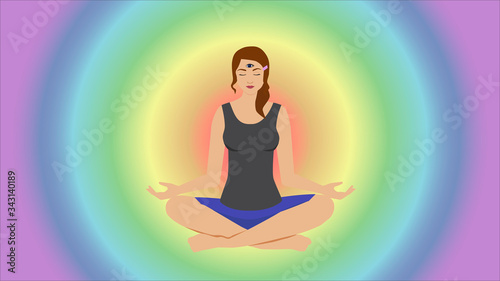 Woman with third third eye concentrating, thinking, meditating. Making smart decision, finding solution, . Human energy chakra system, meditation. Femininity, women power