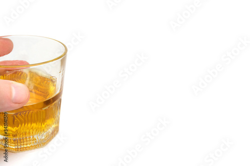 Tumbler Highball in man on corner hand isolate on white