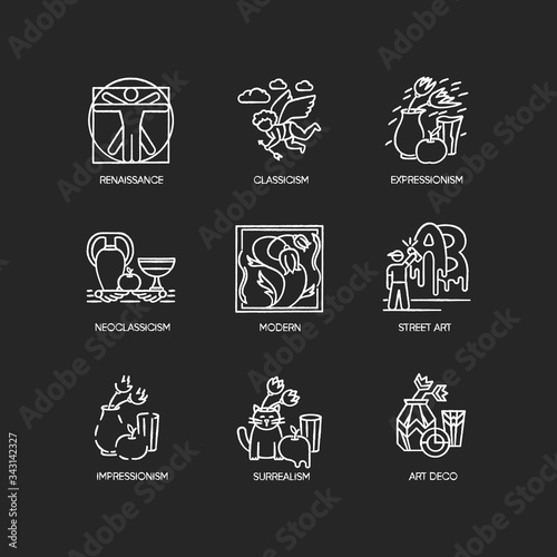 Art movements chalk white icons set on black background