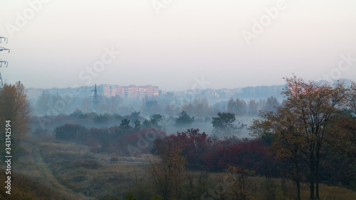 Misty sunrise in colourful autumn forest near the city