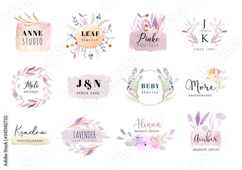 premade logo soft pastel floral and brush stroke watercolor collection