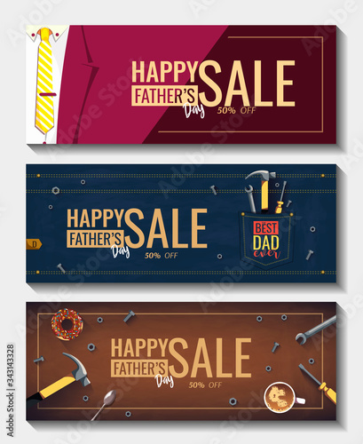 Set of special offer flyers for Happy Father's Day with tools, denim pocket, suit with tie. Vector illustration for sale, commercial, promotion, discount, card, print, poster, banner.
