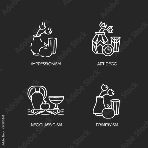 Art movements chalk white icons set on black background