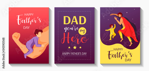Set of cards or posters for Happy Father's Day. Sleeping baby and dad with a red blanket as in a superhero cloak, cute phrase for Dad and child sitting on dad's strong arm. A4 vector illustrations.
