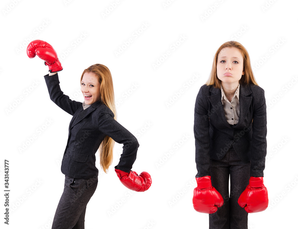 Woman businesswoman with boxing gloves on white Woman businesswoman with boxing gloves on white