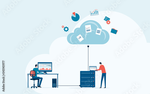 business technology storage cloud computing service concept with administrator and developer team working on cloud