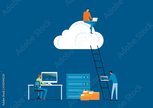 flat vector business technology storage cloud computing service concept with developer team working and a man working on cloud