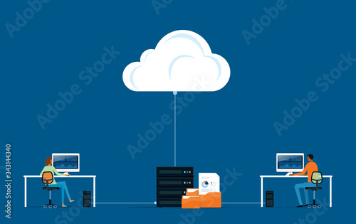 flat vector business technology storage cloud computing service concept with developer team working concept
