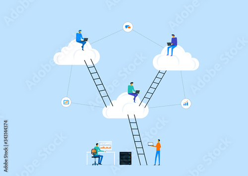 flat vector business technology server storage and cloud connection concept with people working on cloud