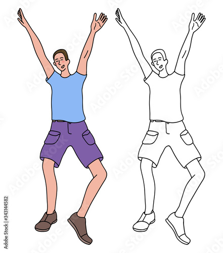Happy, joyful man. Victory, luck, good mood concept. Drawing of people in full growth. Set of contour and color drawing isolated on white. Hand drawn vector illustration in simple cartoon flat style.