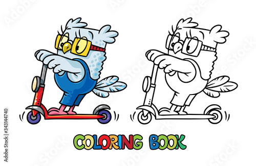 Coloring book of little funny owl on the scooter