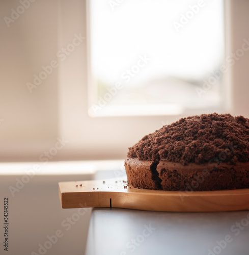 homemade chocolate cake on a wooden board