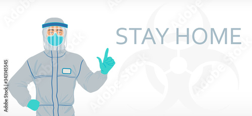 Epidemiologist or medical doctor in protection equipment pointing out importance of social distancing during COVID-19 virus epidemic. Coronavirus quarantine reminder banner, poster or page header