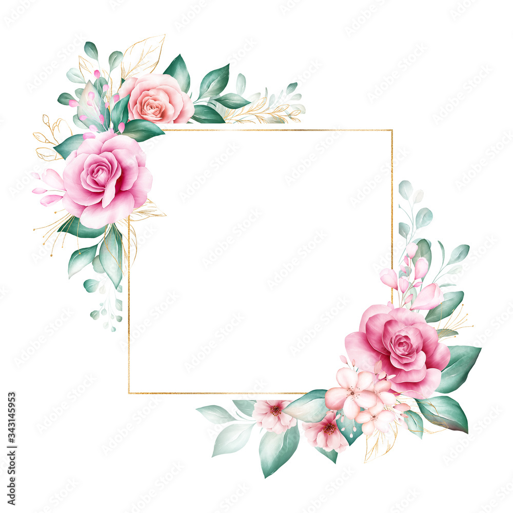 Watercolor floral frame. Botanic decoration illustration of roses and ...