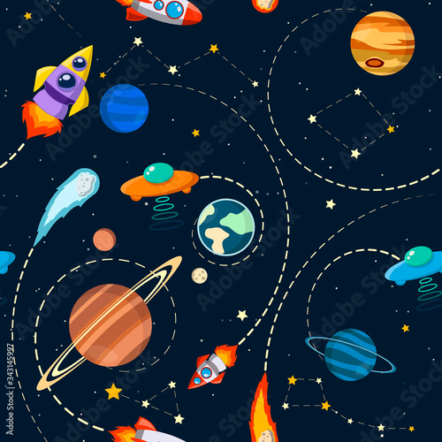 solar system vector kids cartoon planet seamless pattern. Rocket, UFO, planets Illustration, great for wallpaper, textile and texture design. Kids design, fabric, wrapping, apparel.