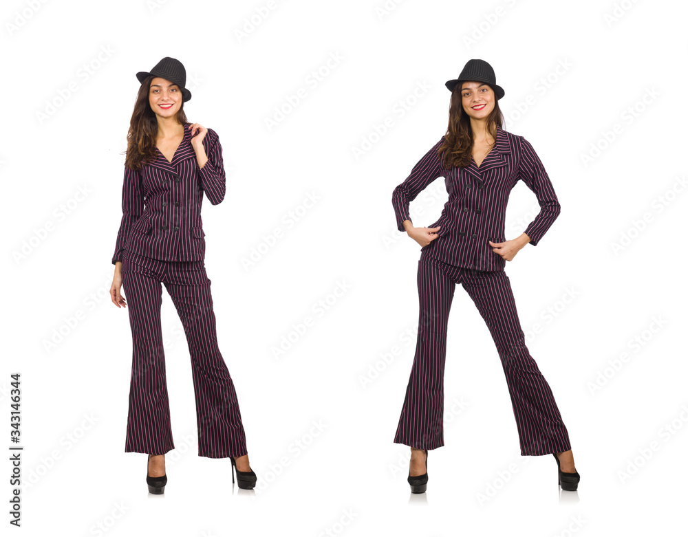 Woman wearing striped costume isolated on white Woman wearing striped costume isolated on white