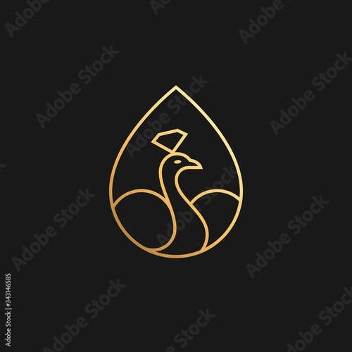 Elegant line peacock logo with diamond for jewelry, fashion, beauty company. Luxury simple decorative bird, peafowl in drop logo
